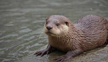  a close up of a wet otter sitting on a rock in a body of water with it's head above the water's surface.