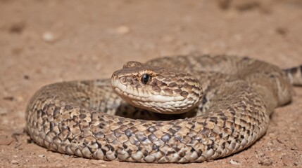 Fototapeta premium a close up of a snake on a dirt ground with it's head in the middle of the frame.