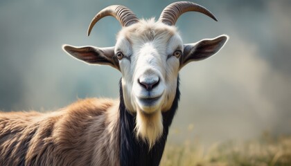 Obraz premium a close up of a goat's face with very long horns and a blue sky in the back ground.