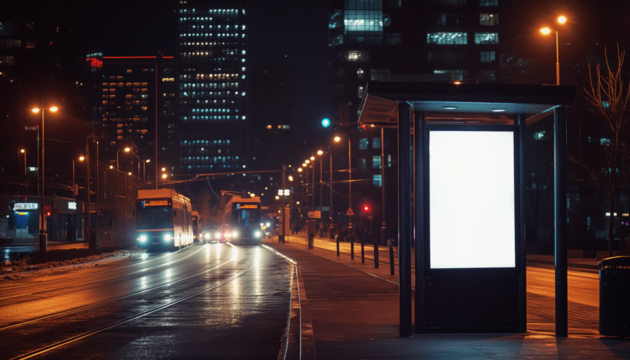 Lightbox advertisement board at bus stop in evening. Transparent empty copy space. Generative AI