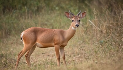 Fototapeta premium a deer standing in a field with tall grass and trees in the background, looking at the camera with an alert look on its face.