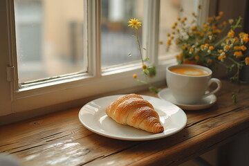Breakfast meal with croissant on white plate and a cup of coffee on a wooden table with morning soft light near the window. - Powered by Adobe