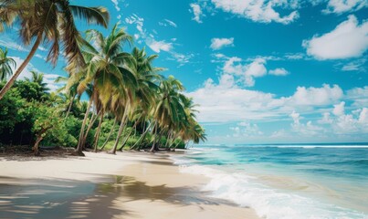 Fototapeta na wymiar Tropical beach scene featuring a cluster of coconut palm trees lining the shore