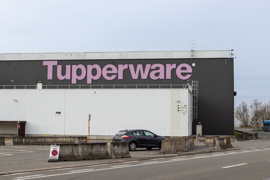 AALST, BELGIUM, 10 MARCH 2024: View of the Tupperware factory in Aalst. The factory houses a design center for the well known household article brand, and is the main distribution center for Belgium.