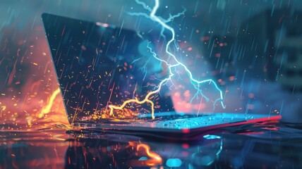 Laptop caught in a dramatic electric storm - A digital illustration of a laptop with keyboard sparks and screen lightning amidst a storm, showing data security threats