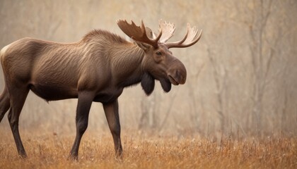  a moose is standing in a field with trees in the background and grass in the foreground and grass in the foreground.
