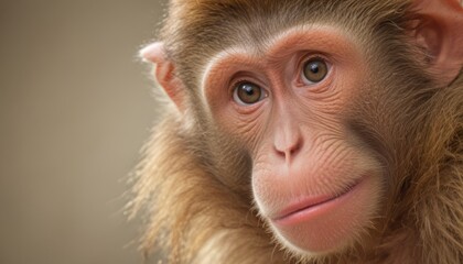  a close up of a monkey's face looking at the camera with a sad look on it's face.