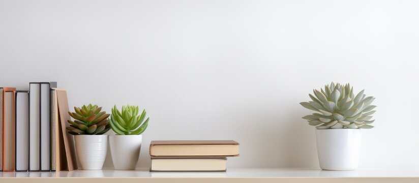 A wooden shelf with houseplants in flowerpots and books on it is placed against the wall. The furniture adds a touch of nature to the rooms hardwood flooring