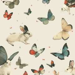 Rabbits and butterflies on a pale background - Vintage inspired illustration featuring rabbits and an array of colorful butterflies on a muted background