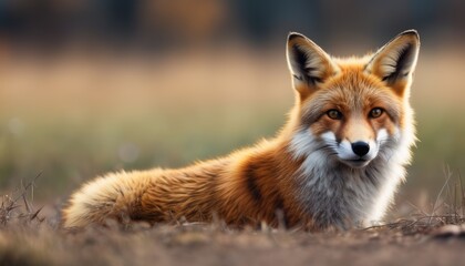 Fototapeta premium a close up of a fox laying in a field of grass with a blurry background of grass and dirt.