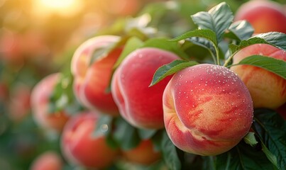 Beautiful ripe peaches hanging on a branch in garden