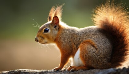 Fototapeta premium a close up of a squirrel on a rock with a blurry back ground and a tree in the background.