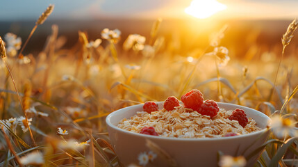 A hearty oatmeal bowl, with tall grass fields as the background, during a golden sunset