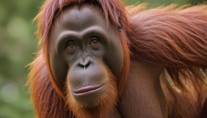 Naklejka premium a close up of an oranguel looking at the camera with a blurry background of trees in the background.