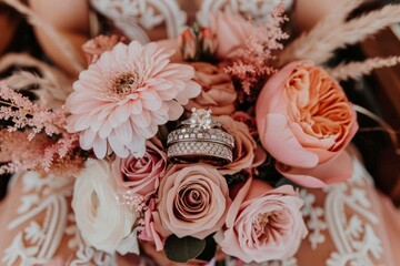 A romantic close-up of a beautiful flower assortment cradling a sparkling engagement ring.