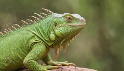  a green iguana sitting on top of a rock in front of a blurry background of greenery.