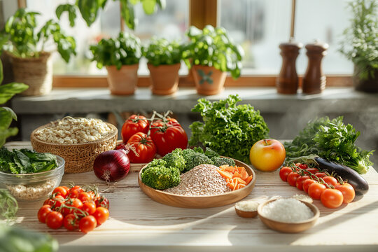 A photography-style image showcasing a variety of organic foods, including fresh vegetables, fruits, and grains, arranged on a natural white wood table with morning light near window