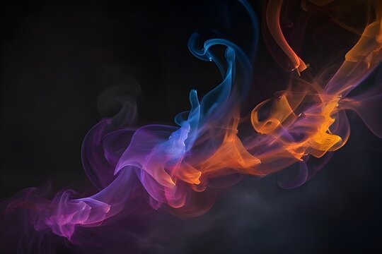 Blue, purple, orange and yellow smoky and fiery flames like texture in dark background.
