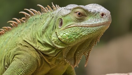 Obraz premium a close up of a green iguana on a rock with a blurry back ground in the background.