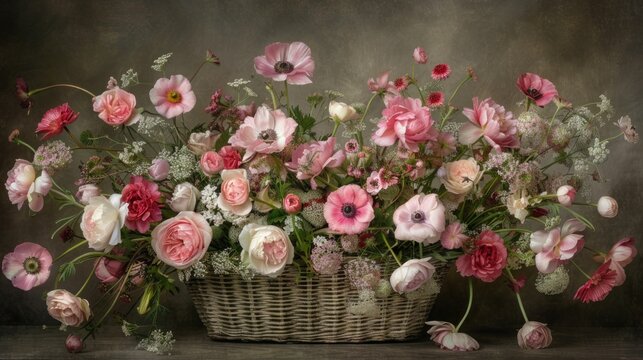 a wicker basket filled with lots of pink and white flowers on top of a wooden table next to a gray wall.