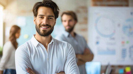 Obraz premium Handsome young businessman wearing a white shirt, standing with his arms crossed in the modern office interior, looking at the camera and smiling. Colleagues and whiteboard presentation blurred