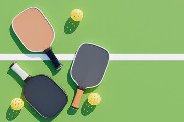 Naklejka premium Pickleball paddles rackets and balls on a sports court. 3d rendering