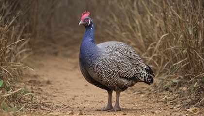  a close up of a bird on a dirt road near a field with tall grass and bushes in the background.