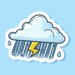 Thunder, rain and lightning symbol. Storm cartoon cloud icon, cute design character. Children doodle drawing. Emoji expression. Isolated on blue background. Vector illustration