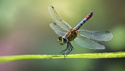  a blue and red dragonfly sitting on top of a green piece of green grass with water droplets on it's wings.