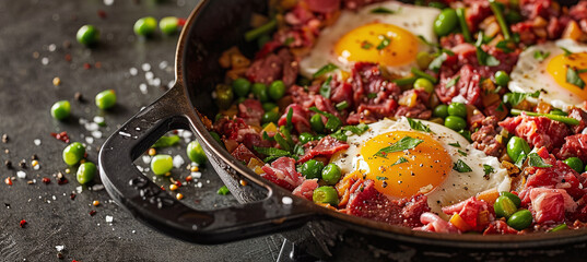 Frying pan on stove filled with corned beef hash, eggs and green beans