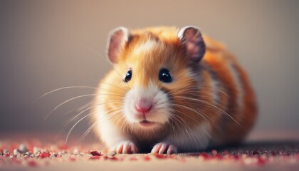  a brown and white hamster sitting on top of a bed of red and white confetti next to a gray wall.