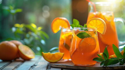 Fototapeta na wymiar Orange punch with fruit sweet alcohol summer drink