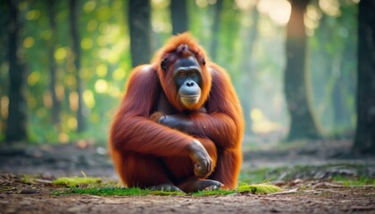  an orangutan sitting in the middle of a forest looking at the camera with a serious look on his face. - obrazy, fototapety, plakaty