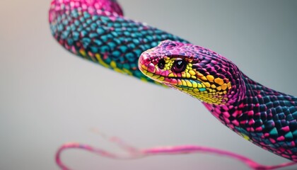 Fototapeta premium a close up of a snake's head with a pink and blue snake's head in the background.