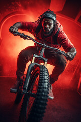 Fototapeta na wymiar Handsome black man riding a bike. Red background glow. Radical sports and diversity concept. Biker sports and recreation. Speeding and performing stunts. Dramatic cinematic background. Red glow.