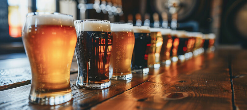 row of beer glasses with different beers on the table