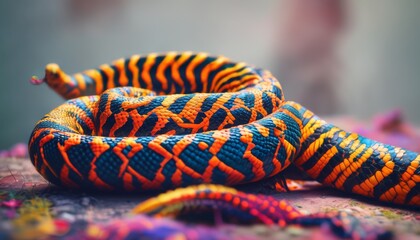  a close up of an orange and blue snake on a surface with multicolored paint on it's skin. - obrazy, fototapety, plakaty
