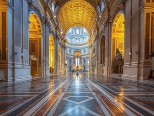 The awe-inspiring interior of St. Peter's Basilica, with its ornate decorations and golden glow, captures the essence of divine architecture.