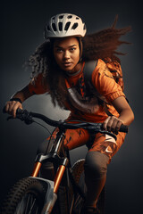 Obraz premium Black woman wearing biker gear and riding a bike. Radical sports and diversity concept. Biker sports and recreation. Speeding and performing stunts. Dramatic cinematic background. Black background