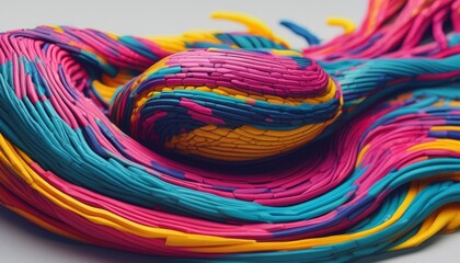  a close up of a piece of art made out of different colors of yarn and a ball of yarn sitting on top of it.