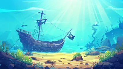 Foto auf Glas Shipwreck pirate ship, sunken filibuster vessel, boat with jolly roger flag on sandy ocean bottom (underwater world game background). Cartoon modern illustration. © Mark