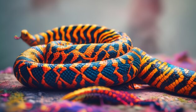  a close up of an orange and blue snake on a surface with multicolored paint on it's skin.