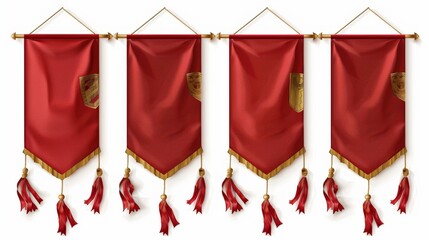 The banner mockups have red pennants with golden tassels, with rounded, concave, pointed, and double edges. This mockup also features a set of realistic 3D modern icons isolated on a white - obrazy, fototapety, plakaty