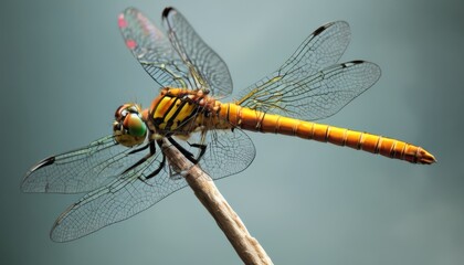  a close up of a dragonfly sitting on a twig with a blue sky in the back ground behind it.
