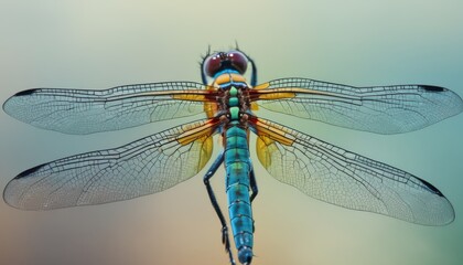  a close up of a dragonfly sitting on top of a piece of glass with a blurry sky in the background.