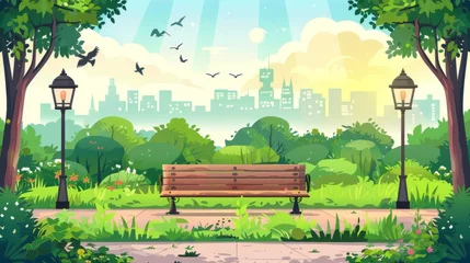 Fototapeten Featured is a modern cartoon summer landscape featuring an empty public garden with birds, a wooden bench, lanterns, and town buildings on a skyline. © Mark