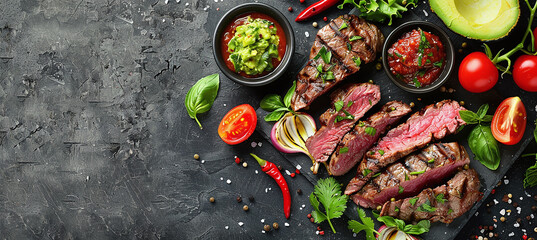 grilled meat, fresh vegetables, homemade guacamole - obrazy, fototapety, plakaty