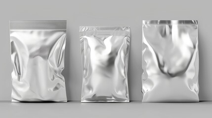 An isolated design element for a realistic 3d modern mock up set of foil and plastic bags mockups. These can be used for food production, snacks, chips or cookies, in their white, transparent and