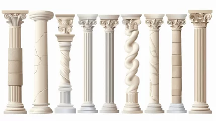 Fotobehang Classic stone columns of Roman or Greek architecture with twisted and grooved ornament for interior facade design, realistic 3d modern mockup, set of four. © Mark