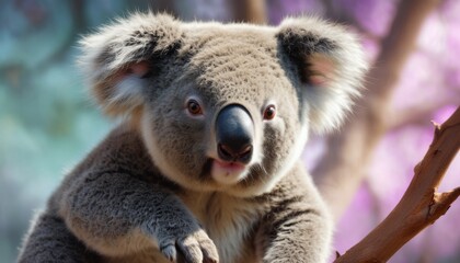Obraz premium a close up of a koala sitting on a tree branch with a blurry background of leaves and branches.